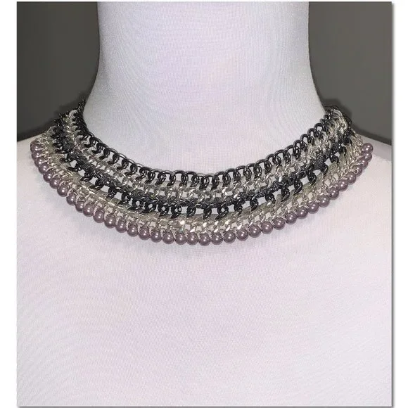 Express Silver Gunmetal Beaded Bib Statement Necklace EUC - Picture 4 of 4